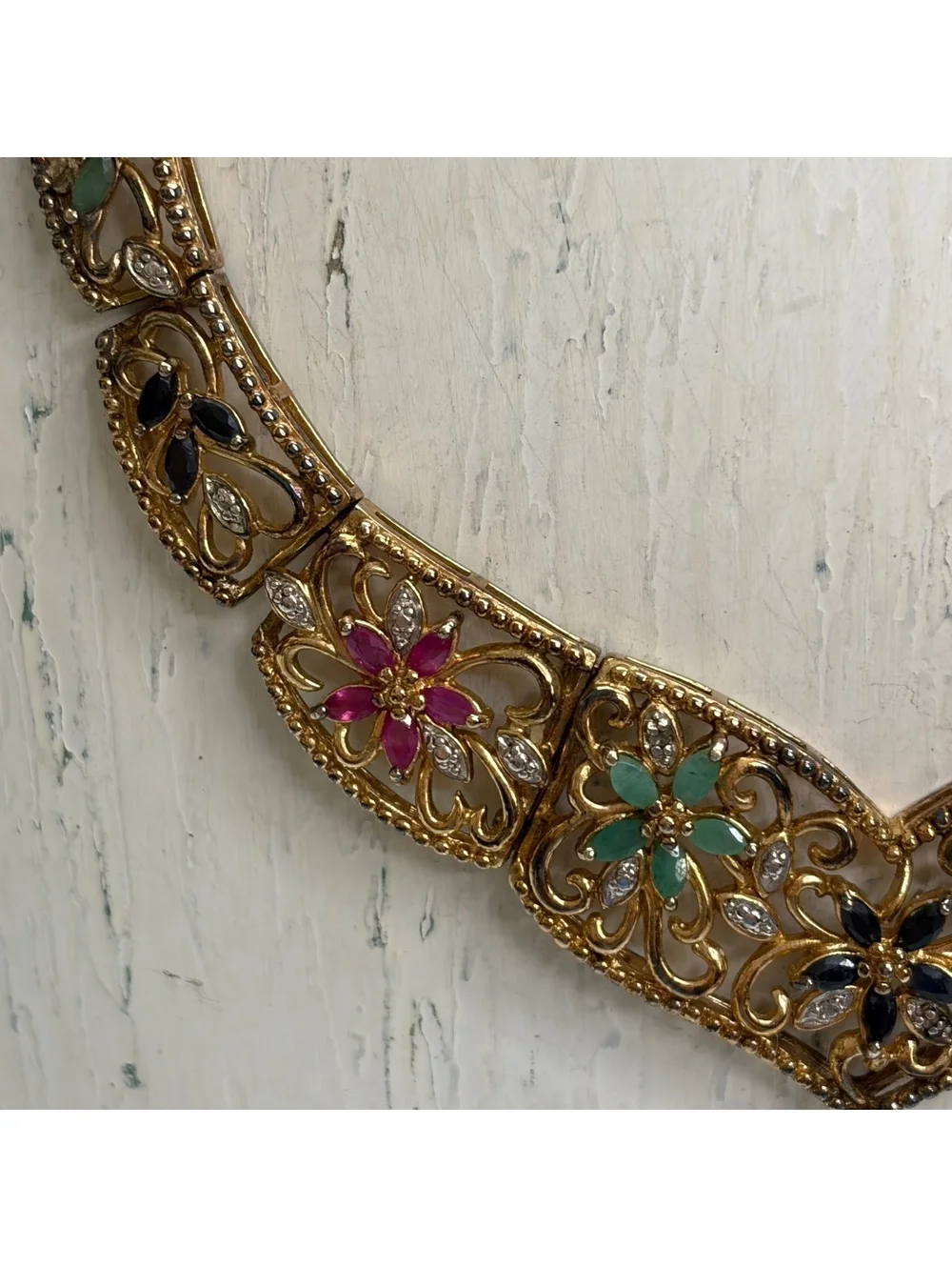 Filigree vermeil sterling choker necklace with emerald sapphire ruby detail vtg
